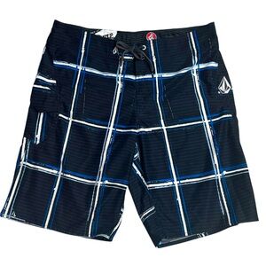 Volcom Navy Blue White Paint Look Check Plaid Tie Up 1 Pocket Board Shorts 36